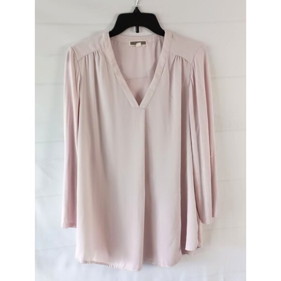 Pleione Tunic Blouse L Pink Mixed Media Roll Tab Sleeve Top Women’s Great Cond - Picture 1 of 6